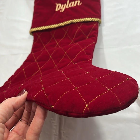 RED Velvet DYLAN STOCKING GOLD stitch embroidered Christmas COTTON lined thick - Picture 6 of 11